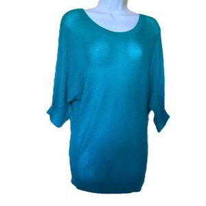 New Express Blue Top Tunic Stretch Loose Knit Sweater Short Sleeve NWOT Sz S